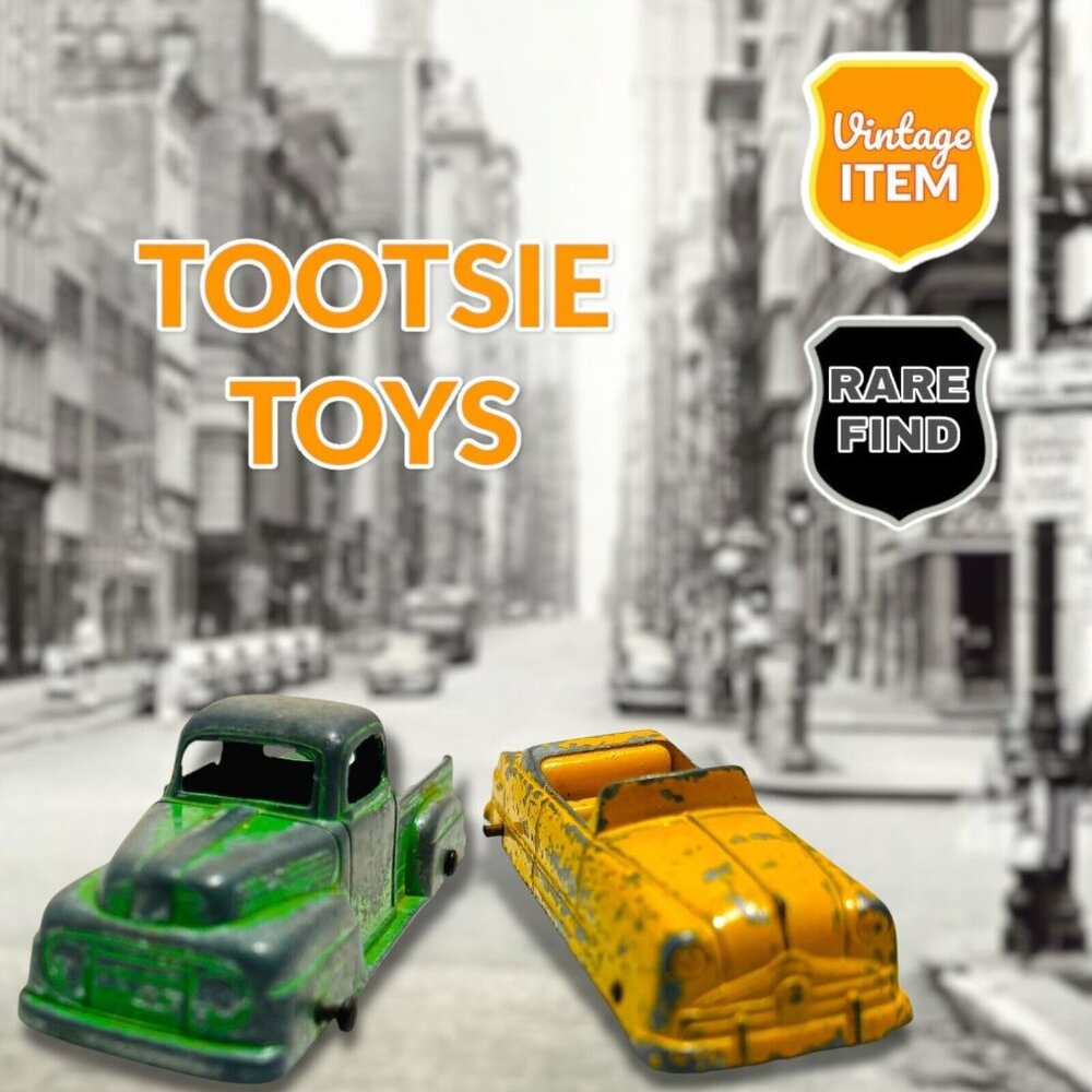 Vintage Tootsietoy Green Metal Ford Pickup Truck & Yellow 1949 Ford Convertible.